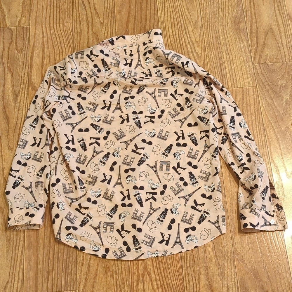 Karl Lagerfeld Paris Eiffel Tower Blouse Pink Button-down Roll-tab Sleeve Size L - Picture 4 of 6